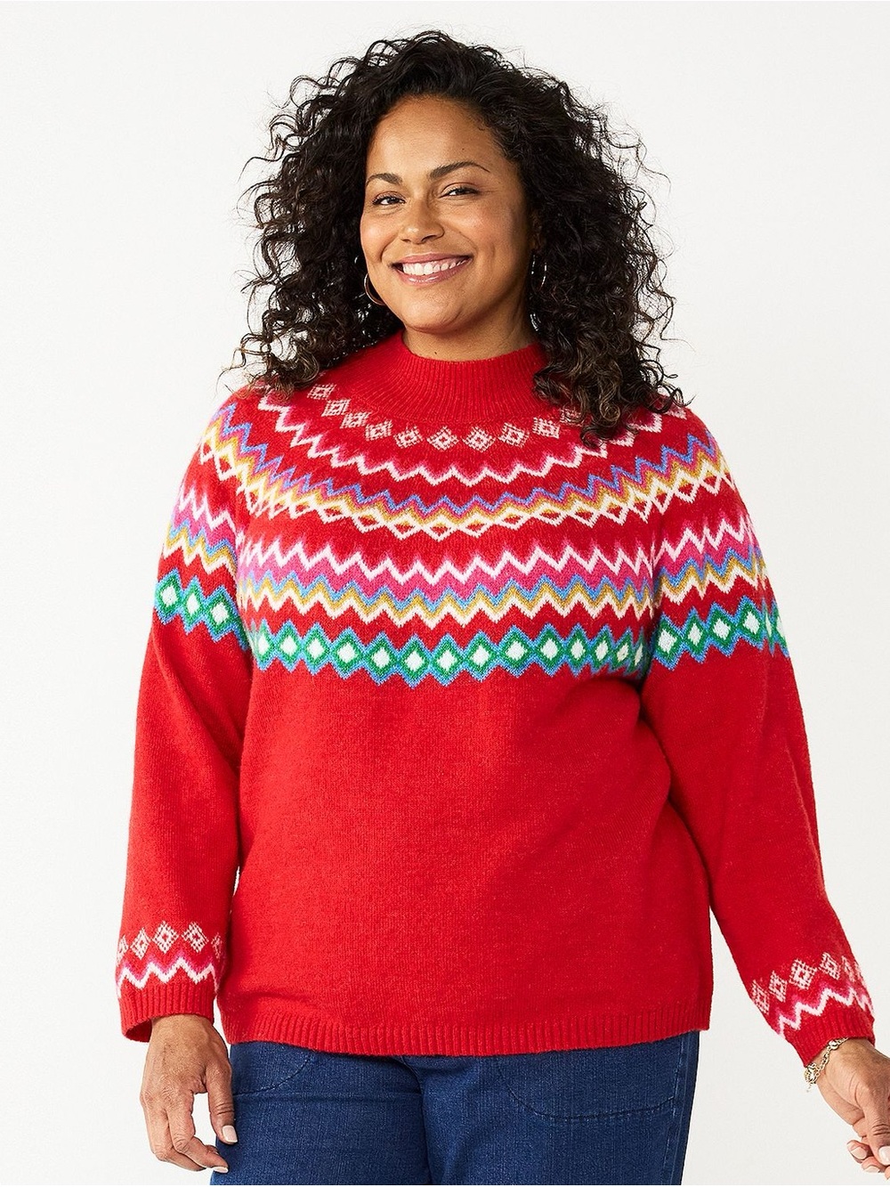 croft & barrow Red Mockneck Fair Isle Pullover